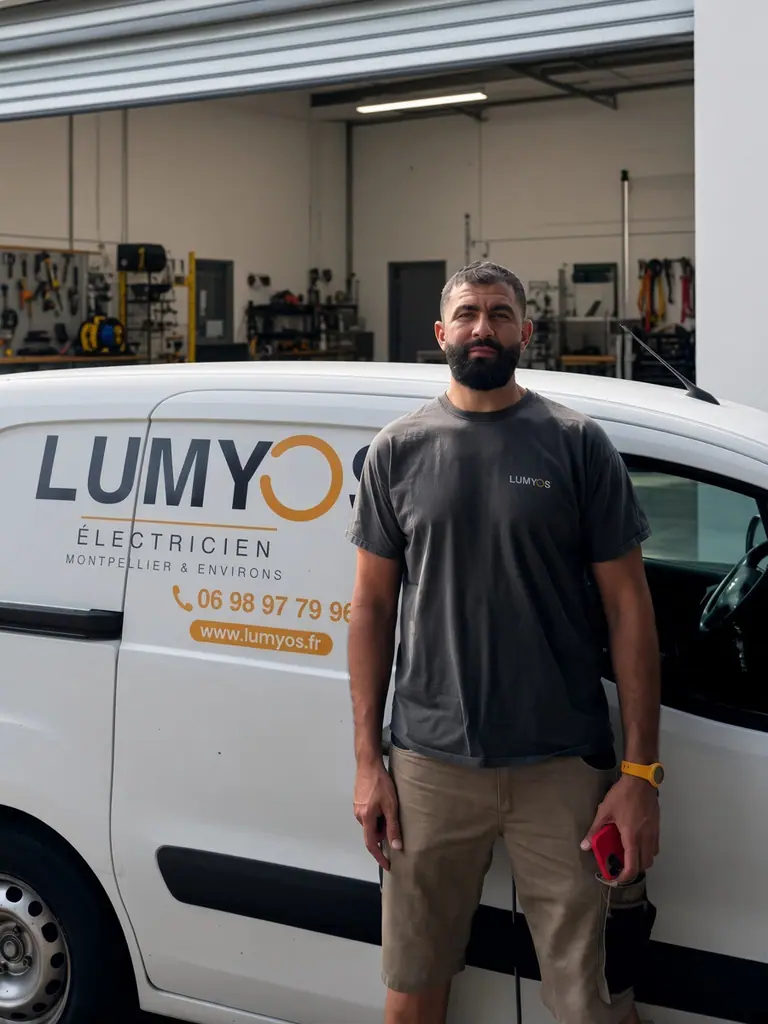 Zouhir devant l’atelier, véhicule Lumyos ouvert